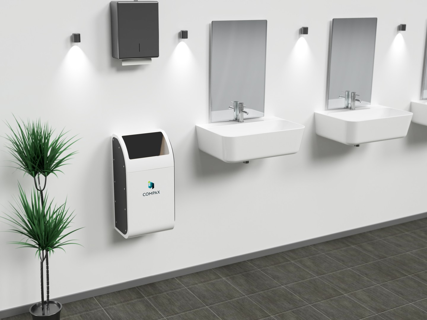 Image of bathroom interior with Compax waste container