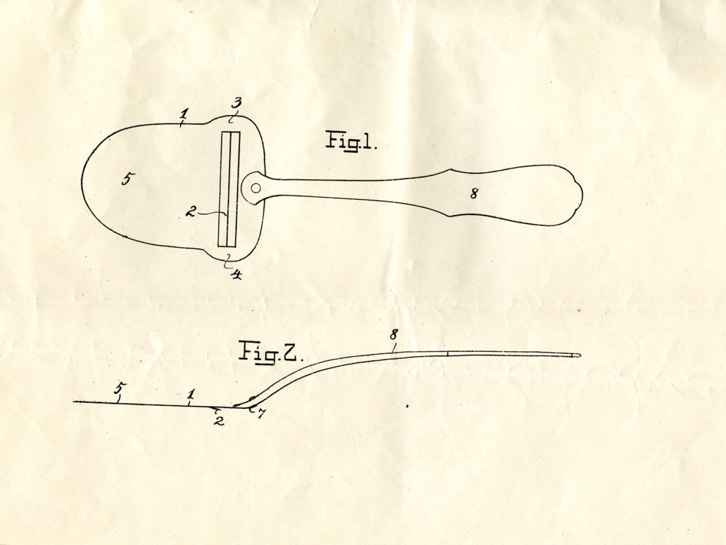 Technical drawing of a cheese slicer, marked with patent no. 43377, seen from both the side and front.
