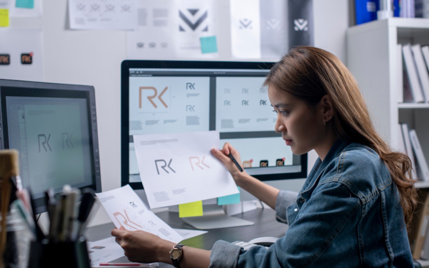 Person reviews the paper printout of a logo she is in the process of designing digitally on a computer.