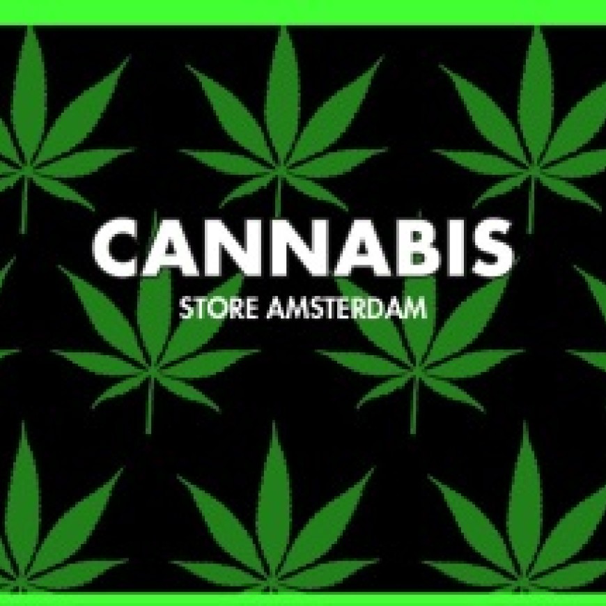 Logo for CANNABIS showing green cannabis leaves on a black background. Above the rectangular image CANNABIS STORE AMSTERDAM is written in white block letters. Example of a trademark that contravenes public order.